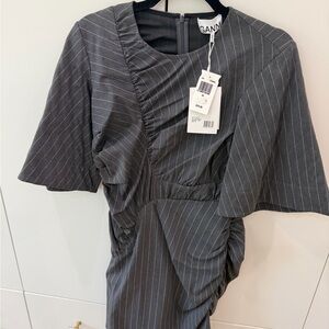 Ganni Charcoal Pinstripe Ruched Midi Dress